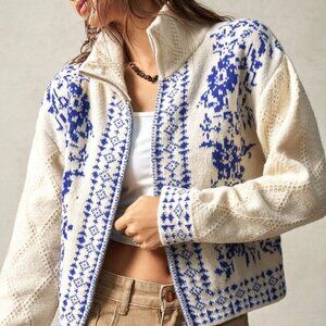 blue And White Casual Women's Vacation Cardigan Turtleneck Sweater